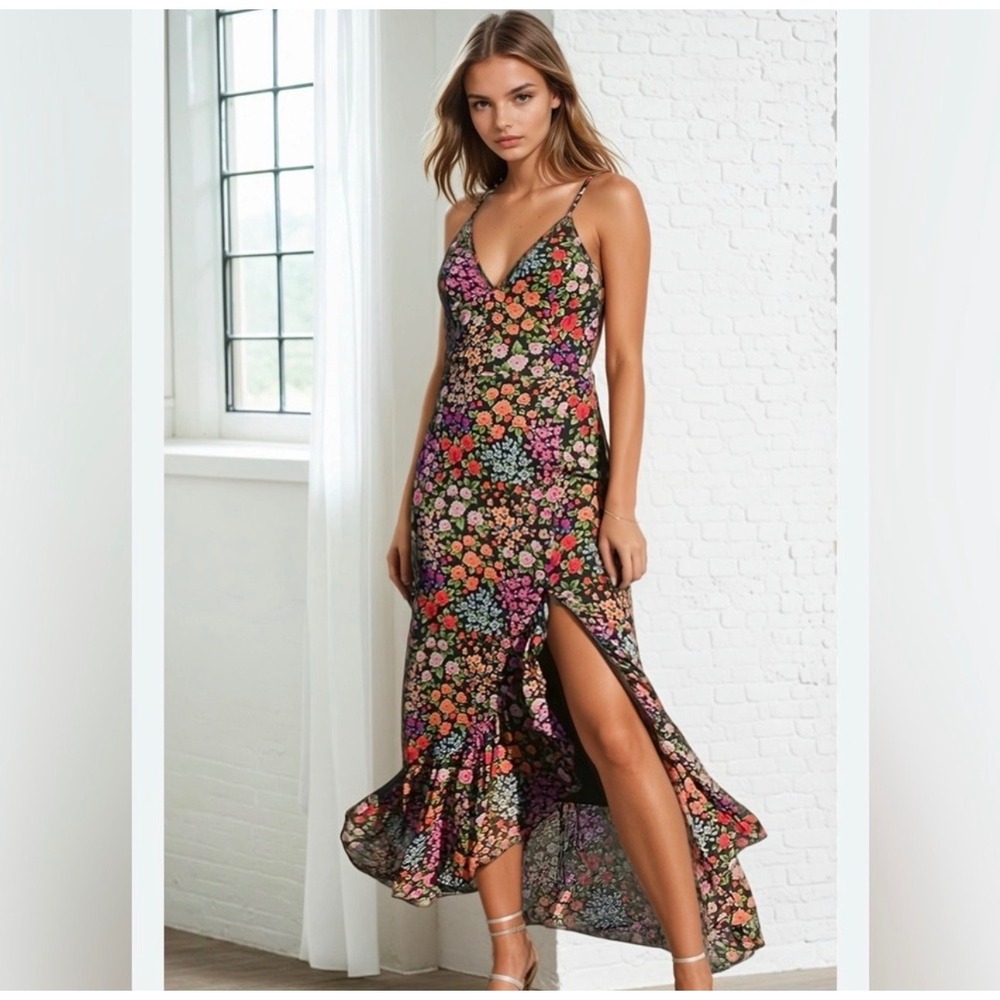 Yumi Kim Rock Steady Floral Ruffled Hi-Low Maxi Dress in Black Multi